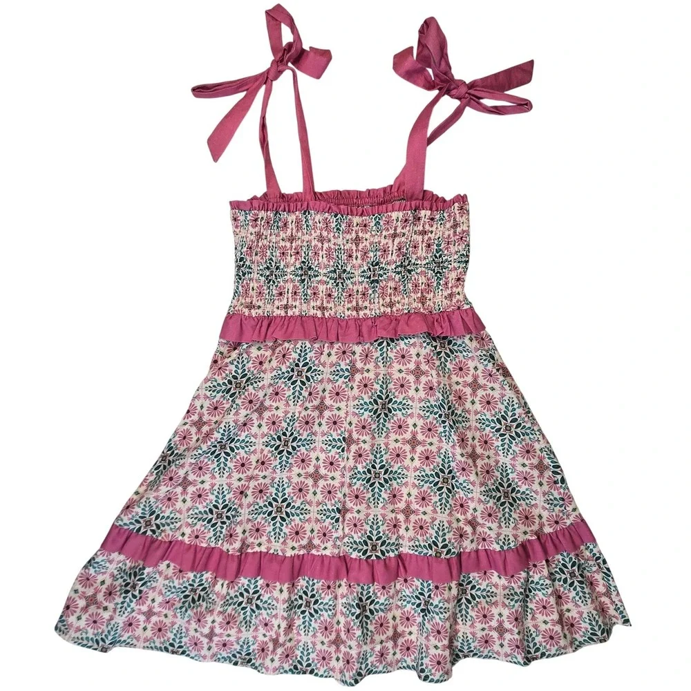 Anthropologie Joy Floral Linen Blend Tie Shoulder Smocked Ruffle Trim Dress Sz M